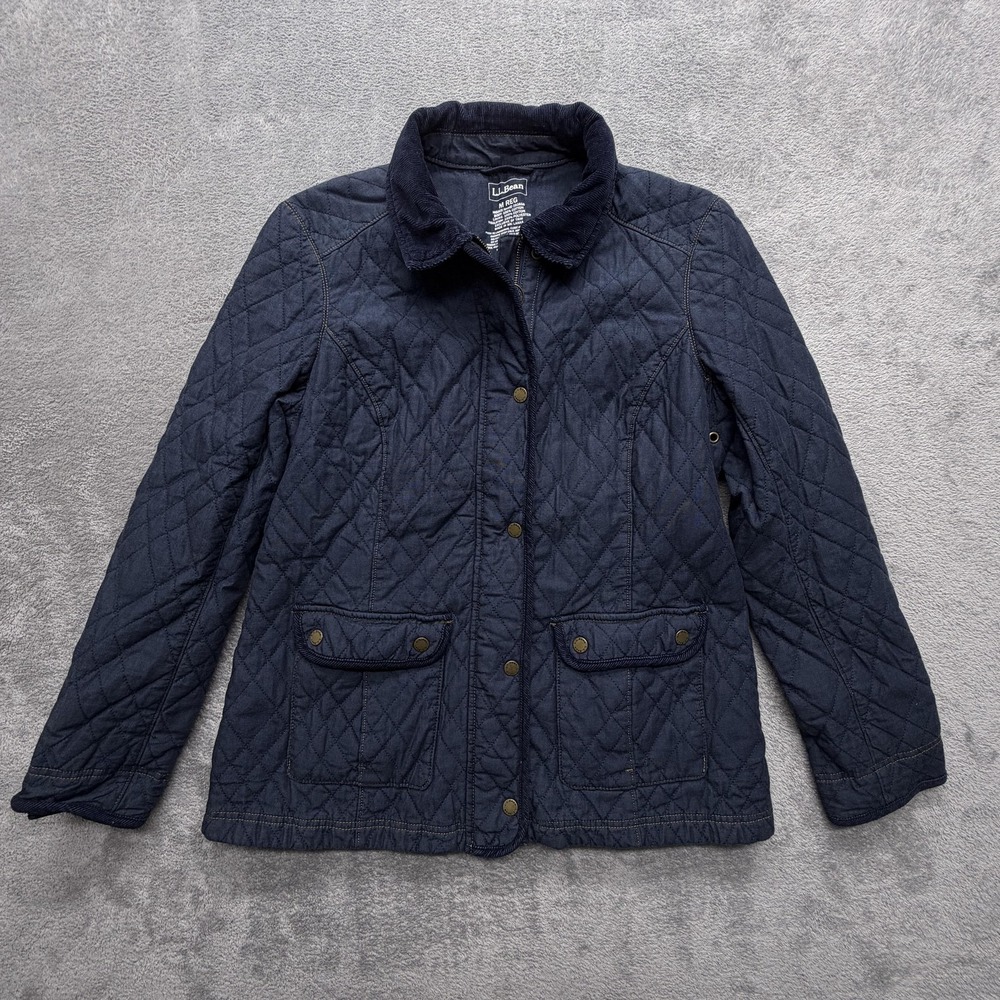 L.L. Bean Jacket Womens Medium‎ Blue Quilted Canvas Full Zip Pockets Corduroy
